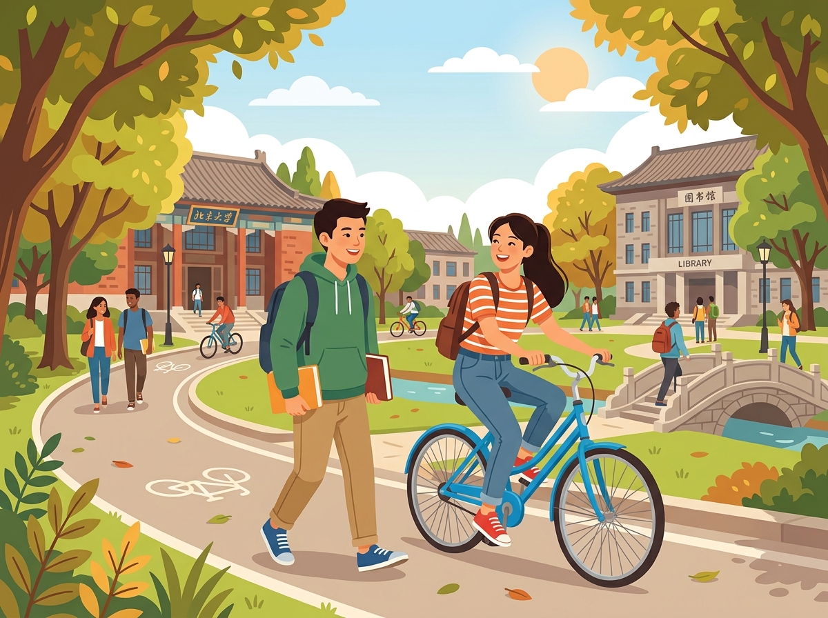 Chiếc xe đạp màu xanh lam dựng trong khuôn viên trường đại học