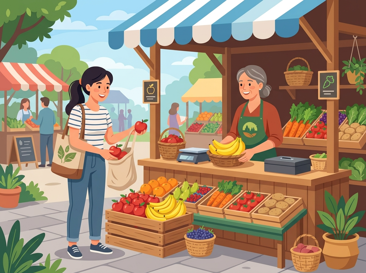 Cô gái đang mua táo đỏ và chuối vàng tại quầy hoa quả